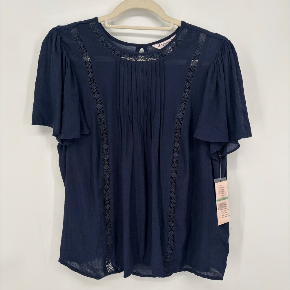 Nanette Lepore Pin tucked  Short Flowy Sleeve Blouse Navy Blue Size Large NWT